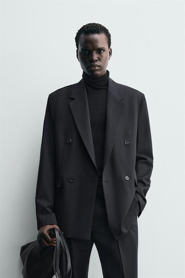 Zara DOUBLE BREASTED PINSTRIPE SUIT BLAZER - Dark navy