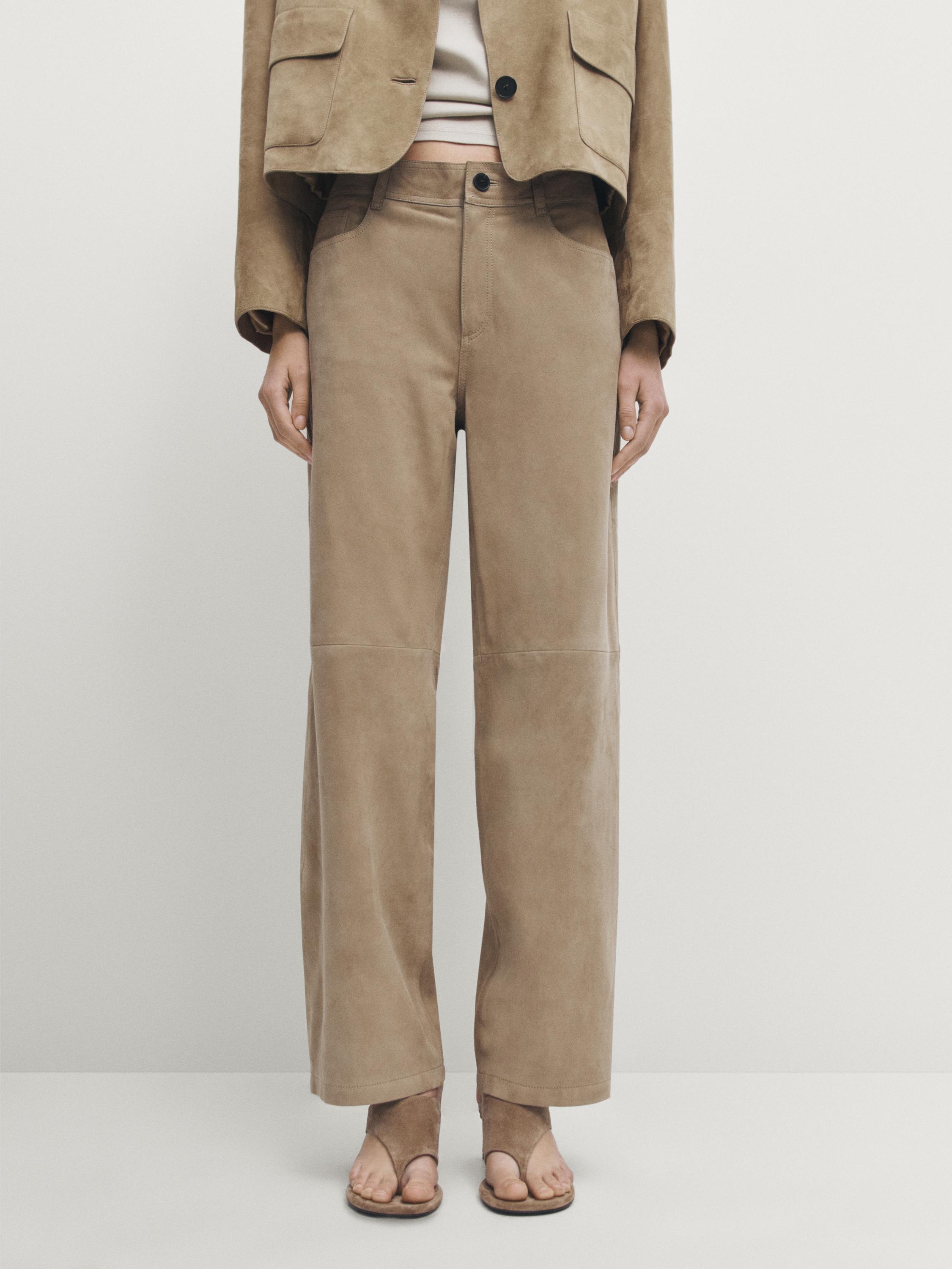 Straight-leg leather suede trousers - Stone | ZARA Canada