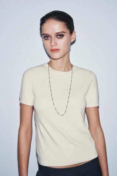 Zara SHORT SLEEVE SOFT FEEL KNIT JUMPER - Ecru