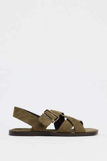 Zara FLAT SUEDE STRAP SANDALS - Khaki Green - Image 0