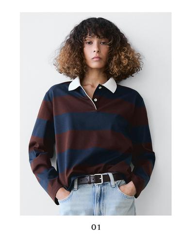 Polo manches longues à rayures en coton - Bleu marine de Zara