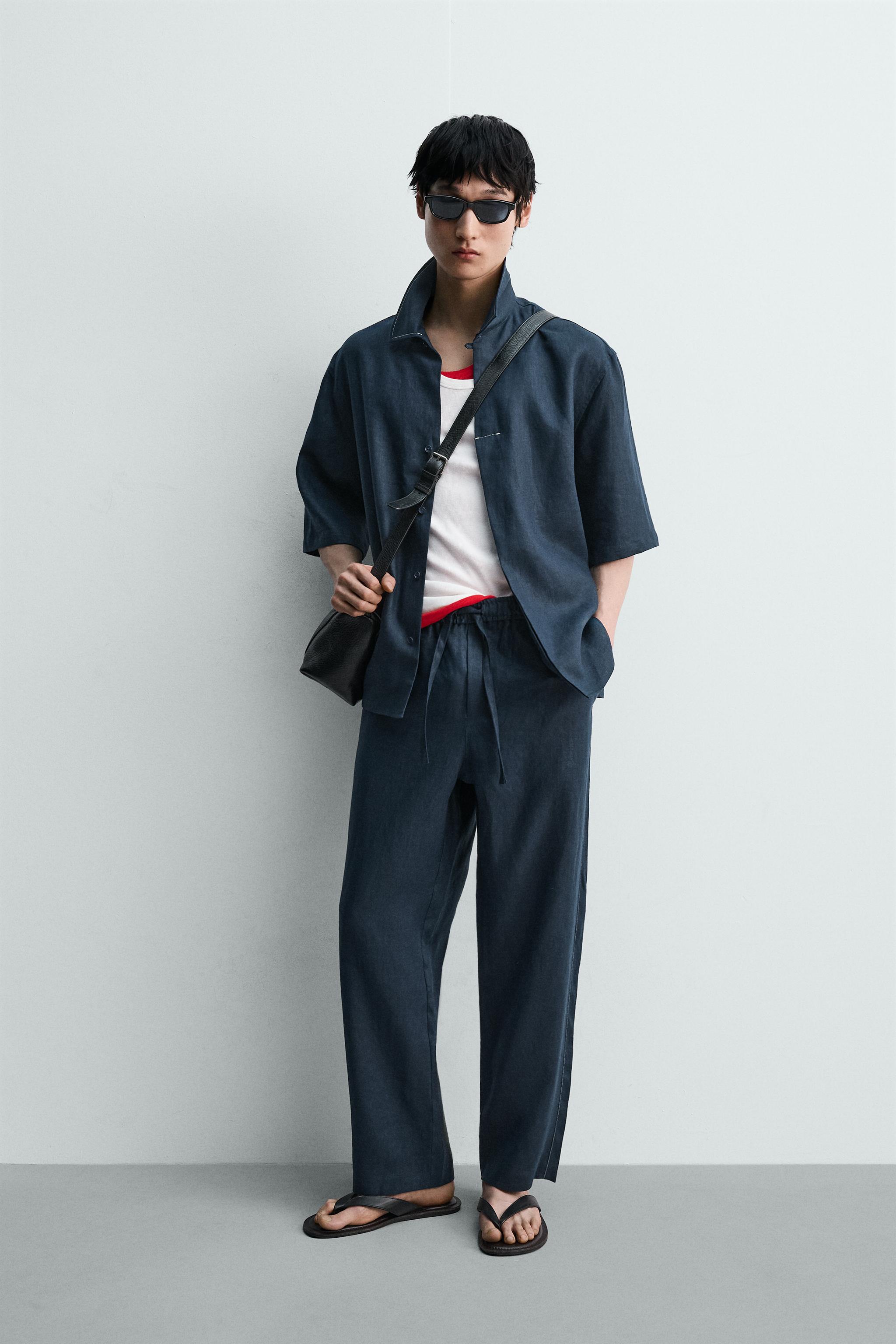 コントラストステッチ 100% リネンシャツ - インディゴブルー | ZARA