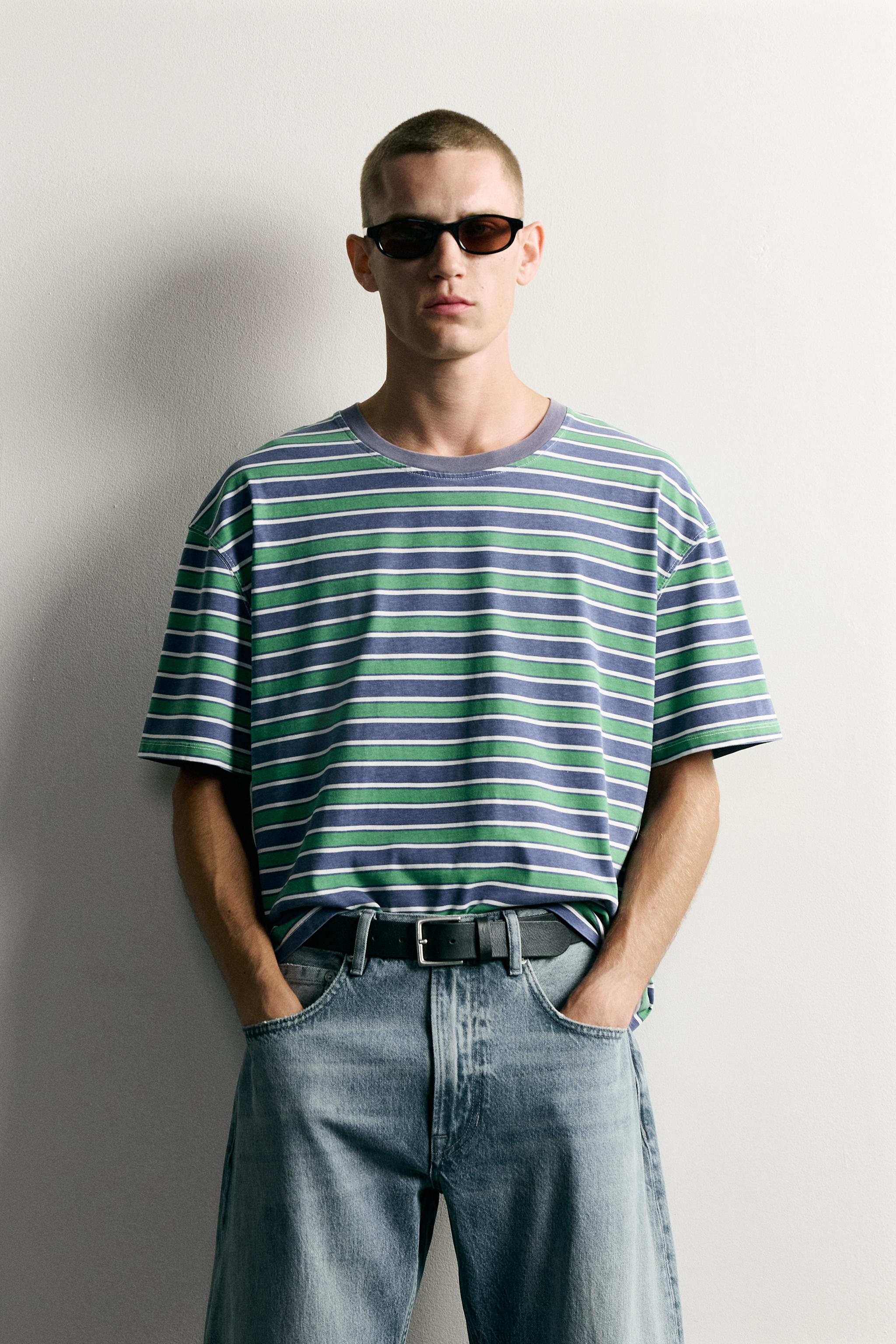CROPPED FIT STRIPED T-SHIRT — Green