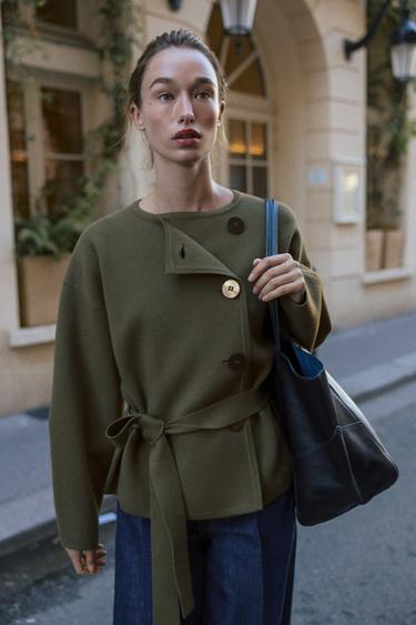 SHORT KNIT COAT WITH BELT - Dark green by Zara - Image 1