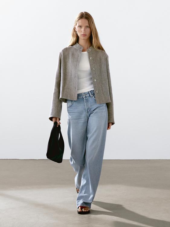 Short linen jacket with stand collar