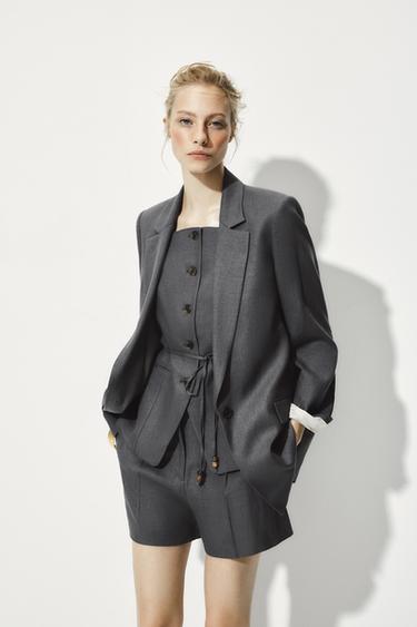 Zara STRIPED CUFF LINEN BLAZER - Anthracite grey