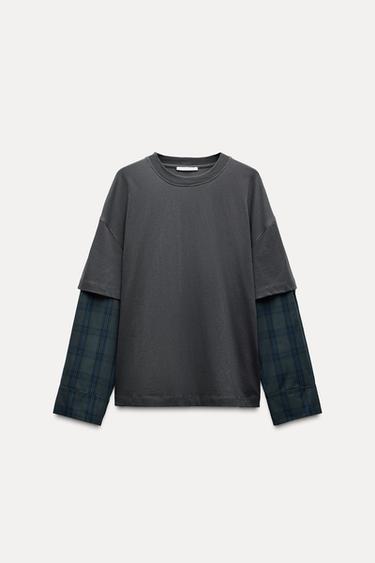 T-SHIRT WITH CONTRAST CHECKS - Anthracite grey by Zara - Image 0