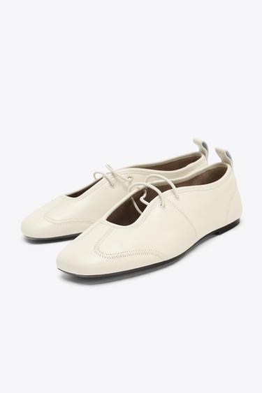 LEATHER TOPSTITCHED BALLERINAS - White by Zara - Image 1