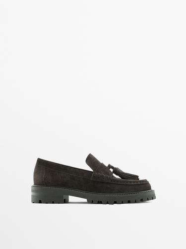 Zara Split leather loafers with tassels and track sole - Brown - Image 0