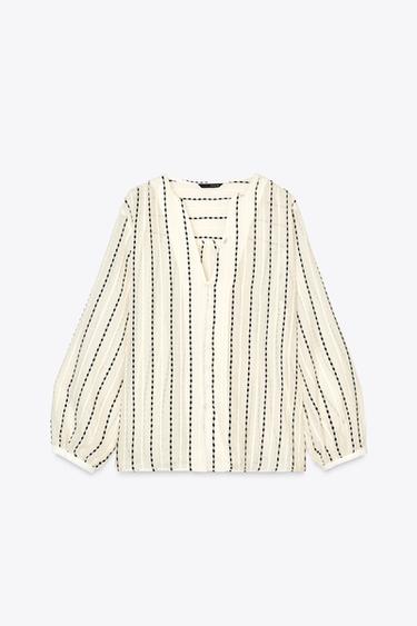 BLOUSE SEMI-TRANSPARENTE RAYURES BRODÉES - Écru / Noir de Zara - Image 4
