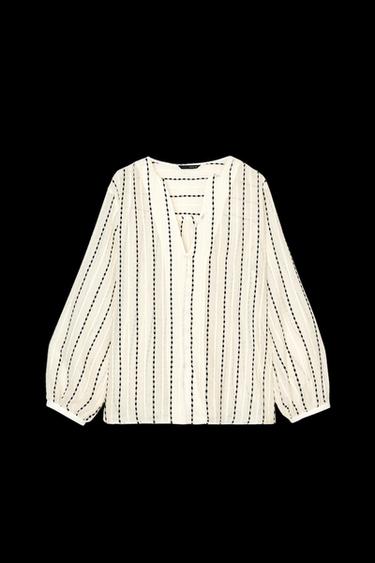 LEICHT TRANSPARENTE BLUSE MIT STICKSTREIFEN - Cremefarben / Schwarz von Zara - Bild 0