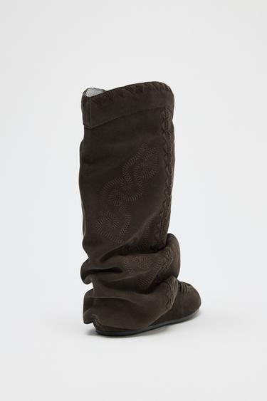 SPLIT SUEDE FLAT ANKLE BOOTS WITH EMBROIDERY - Brown by Zara - Image 6