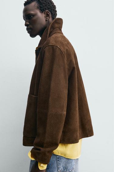 BLOUSON EN CUIR DAIM - Marron foncé de Zara - Image 5