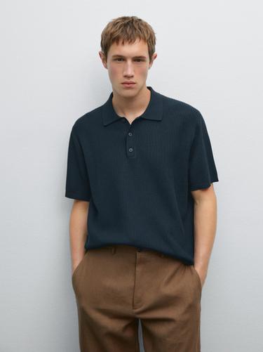 Zara 100% cotton textured knit polo shirt - Faded navy