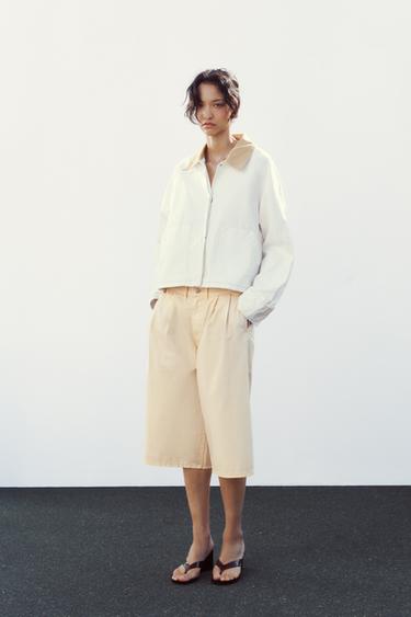 Zara CONTRAST COLLAR WAXED JACKET - Oyster-white