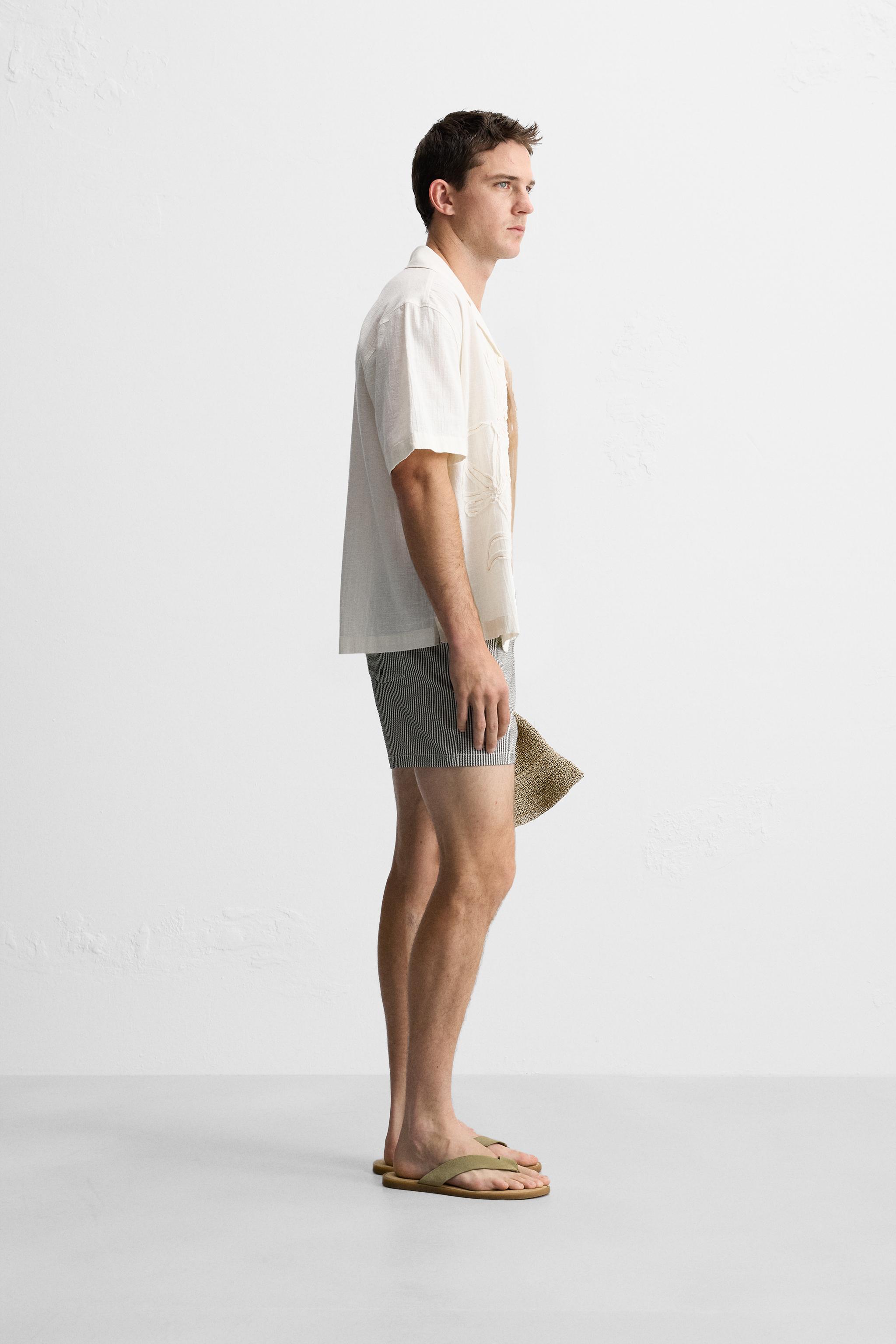 STRIPED SEERSUCKER REGULAR SWIM SHORTS - Black | ZARA Canada