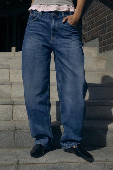 Zara HIGH-WAIST BARREL TRF JEANS - Navy blue