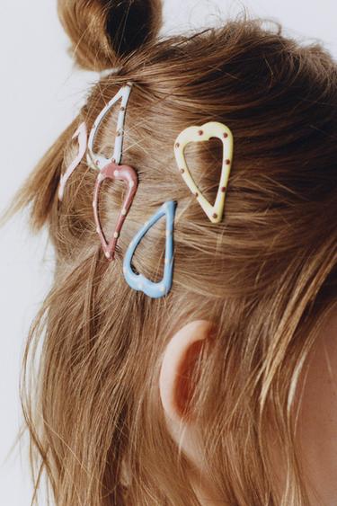 PACK OF FIVE POLKA DOT HEART HAIR CLIPS - Pastel pink by Zara