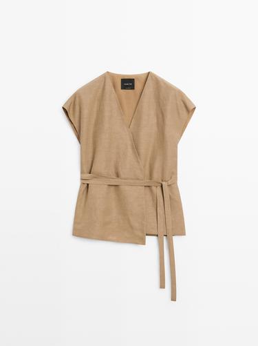 Chaleco tipo kimono largo cruzado - Visón oscuro de Zara - Imagen 0