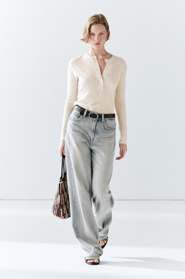 Zara Button-up cotton T-shirt - Ecru - Image 0