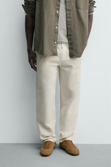 COTTON/LINEN STRAIGHT-LEG TROUSERS - Stone by Zara