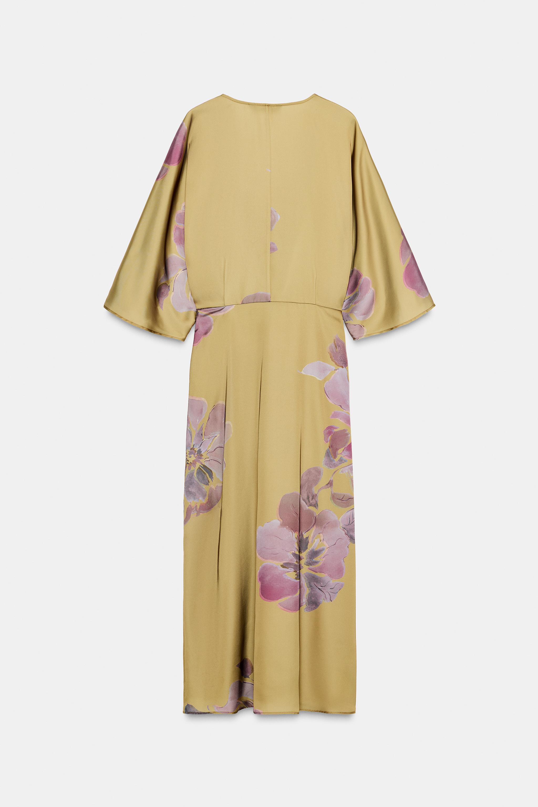 プリント柄サテンミディ丈ワンピース - ブラウン/グリーン