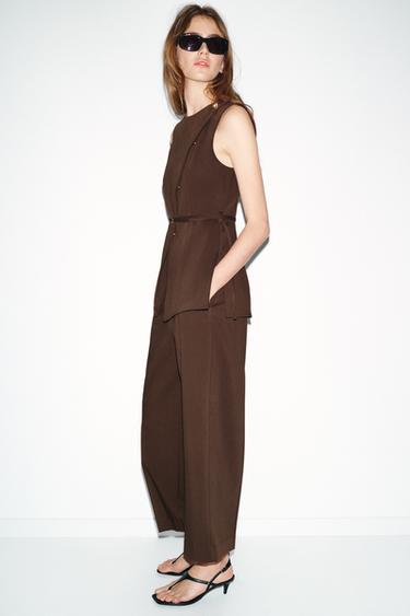 Zara HIGH-WAISTED STRAIGHT LEG PANTS - Brown