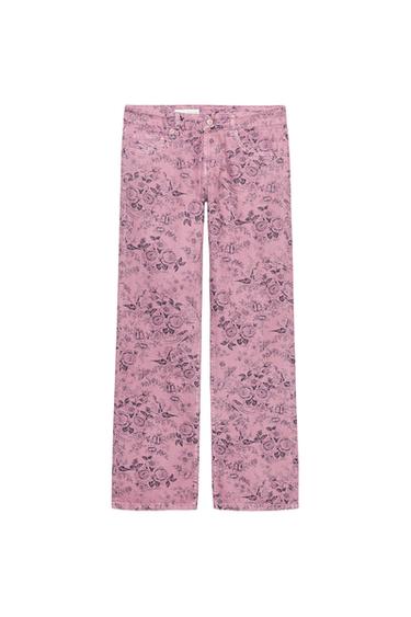 Zara TRF LOW-RISE WIDE-LEG FLORAL JEANS - Pink