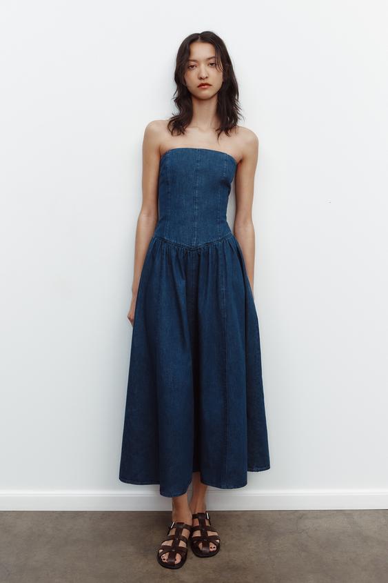 strapless denim dress zara Spring fitted denim dress by zara