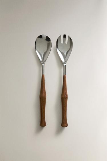 SET OF STEEL AND WOOD SALAD SERVERS (SET OF 2) - Brown by Zara - Image 0