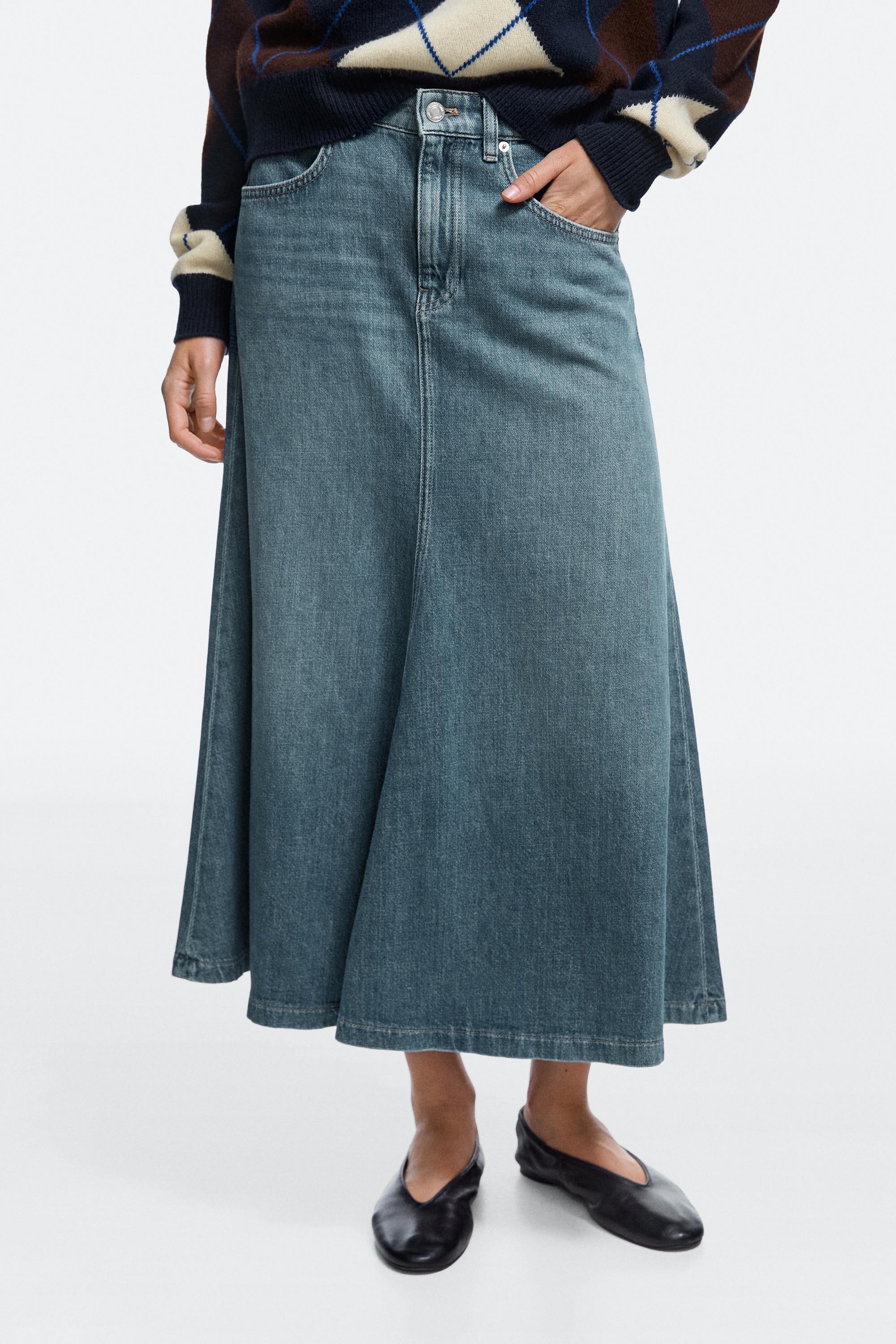 Flare fit denim midi skirt — Mid-blue
