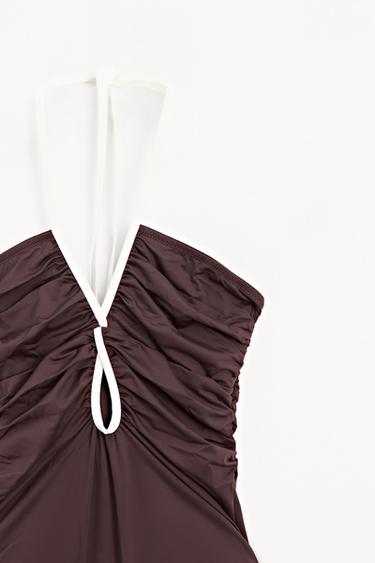 Swimsuit with contrast gathered detail — Brown 2