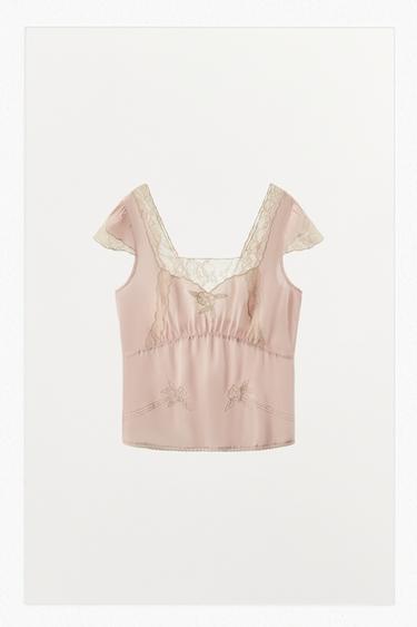 TOP SATINADO ENCAIXE BORDADOS - Rose pastel de Zara