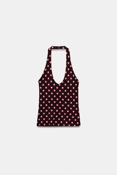 Zara POLKA DOT HALTER TOP - Brown