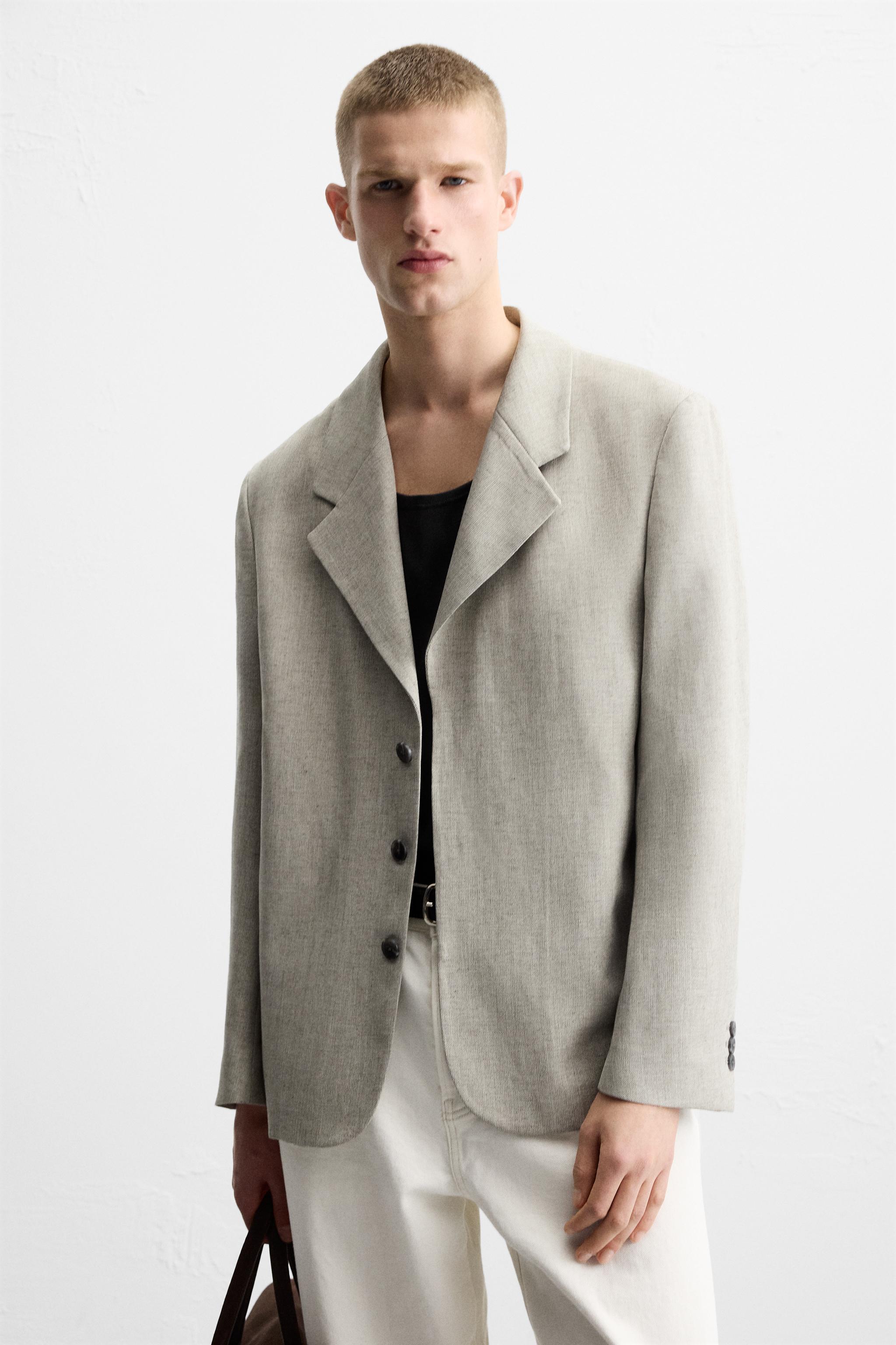 LINEN TEXTURED WEAVE SUIT JACKET - Ecru / Black | ZARA