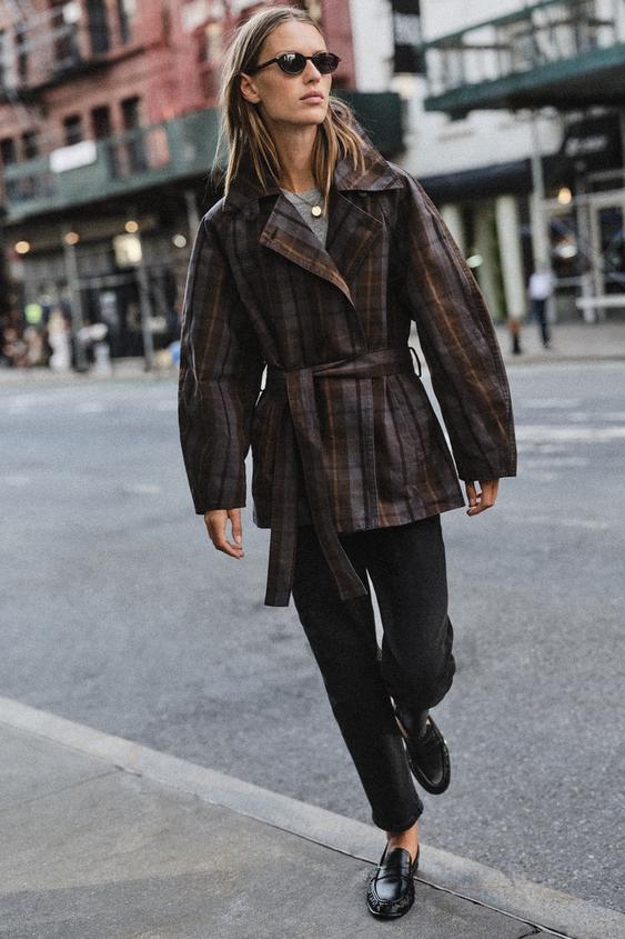 Zara PLAID BELTED TRENCH COAT - Brown-Blue - Image 0