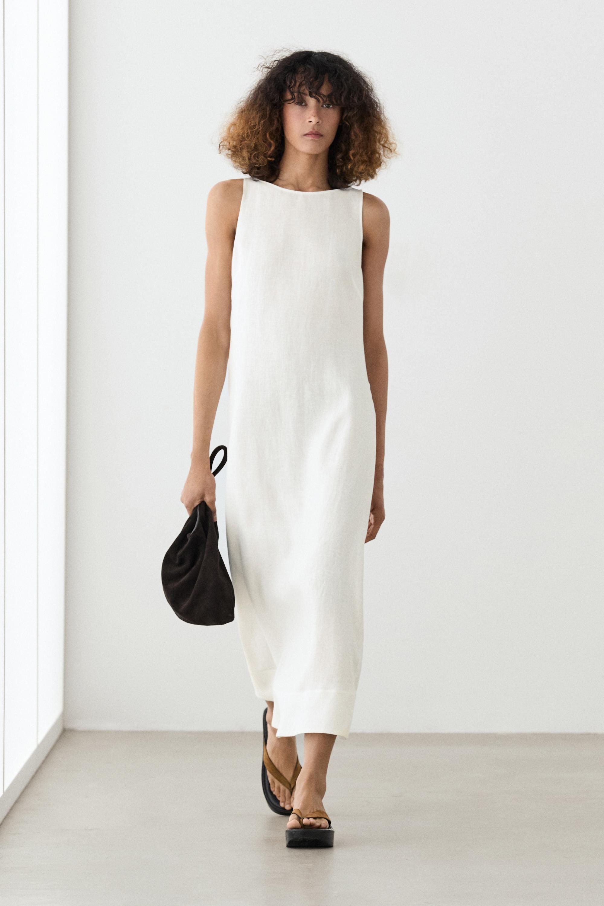 100% linen halter dress — White