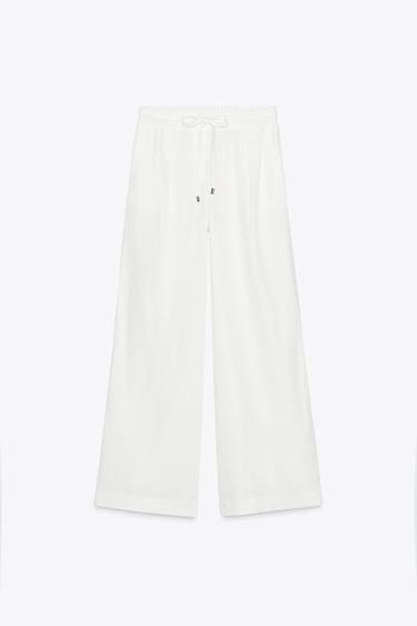 LINEN BLEND WIDE-LEG TROUSERS WITH BELT - White by Zara