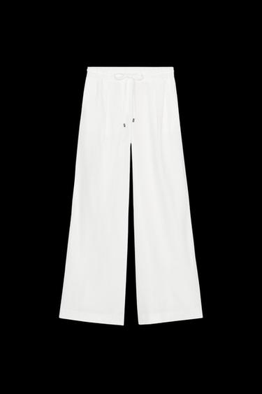 LINEN BLEND WIDE-LEG TROUSERS WITH BELT - White by Zara - Image 0