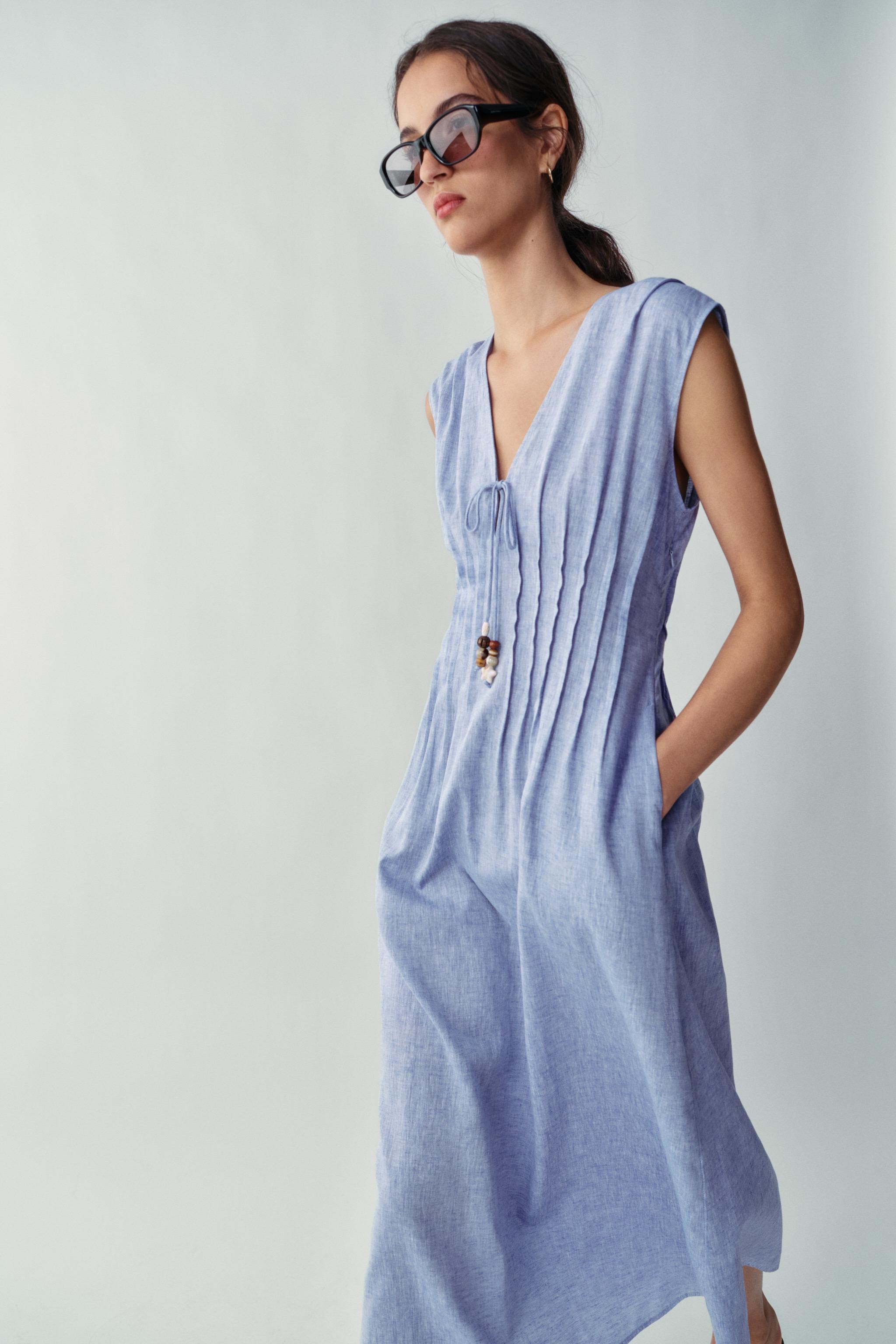 LINEN PINTUCK MIDI DRESS