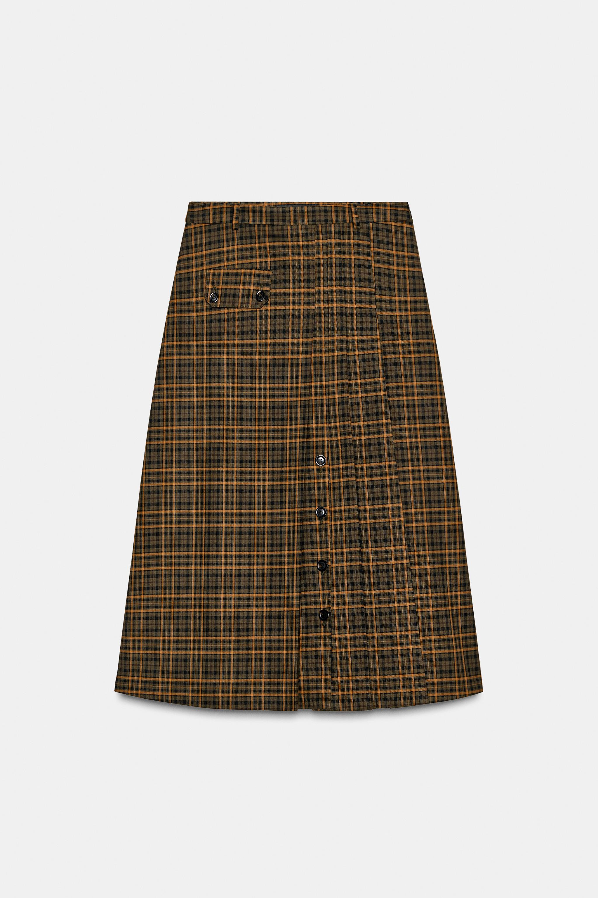 ZW COLLECTION チェック柄ミディ丈スカート - グリーンオレンジ | ZARA