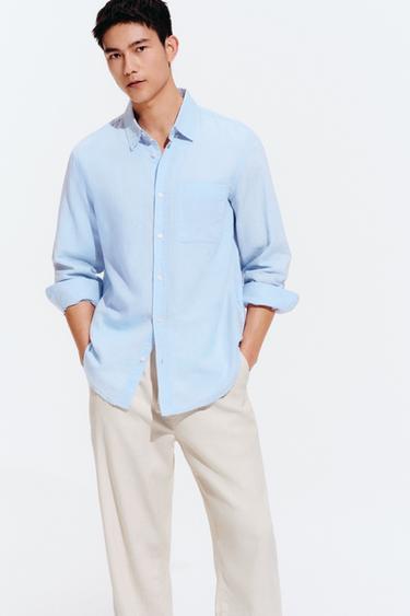 REGULAR FIT LINEN - COTTON SHIRT - Sky blue by Zara