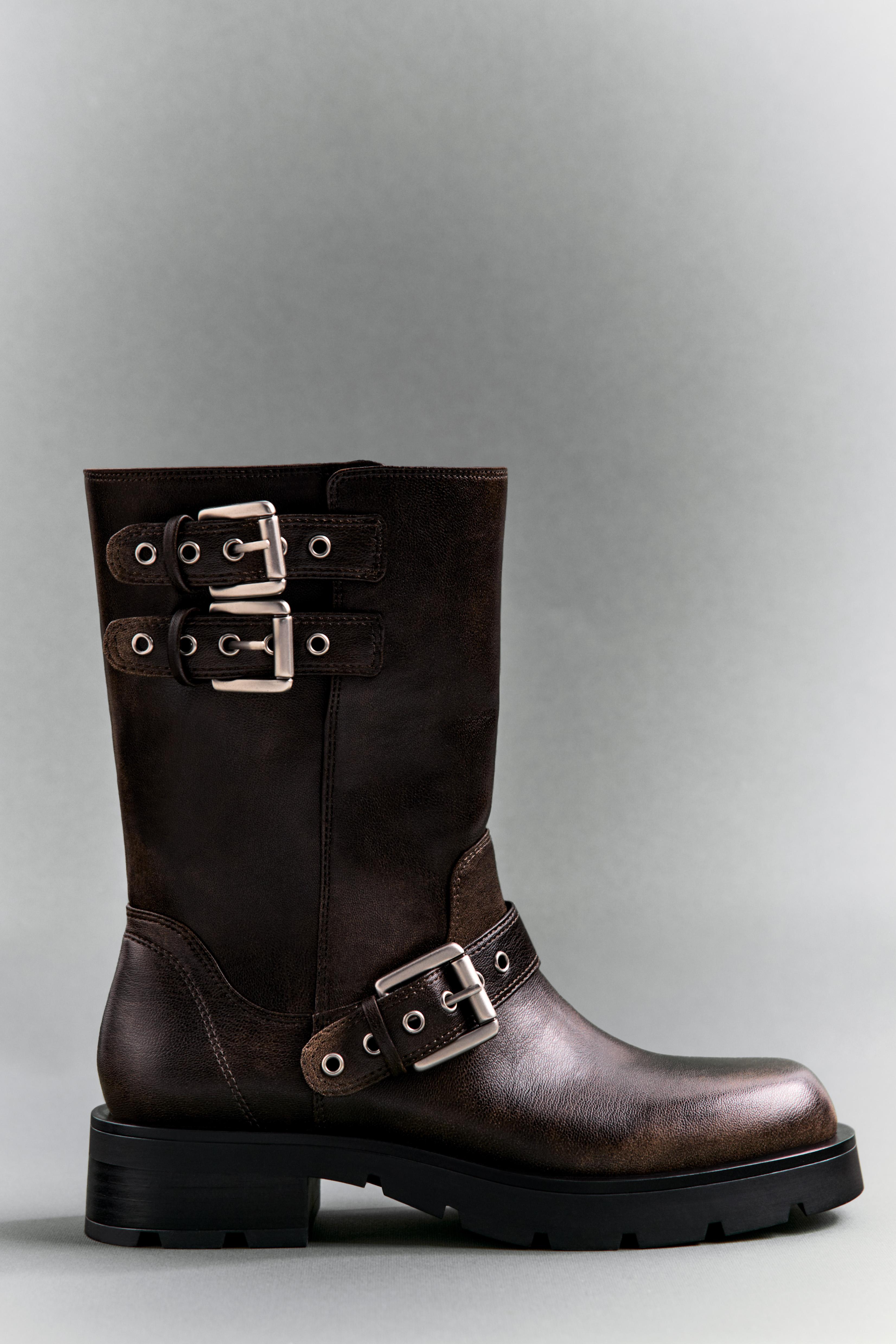 Flat leather biker hot sale ankle boots zara