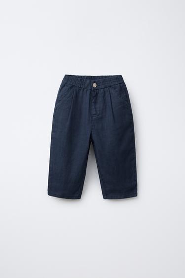 Zara LINEN BAGGY PANTS - Navy blue