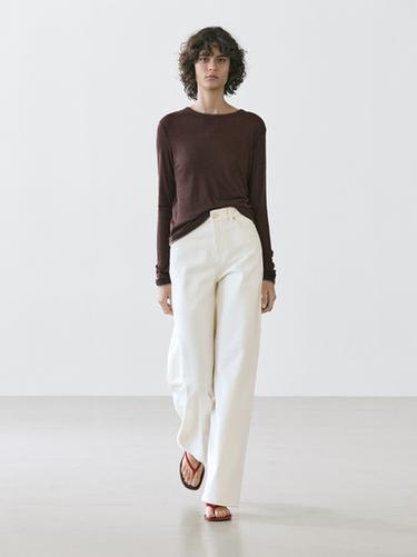 Zara Long sleeve T-shirt with double layer trim - Brown