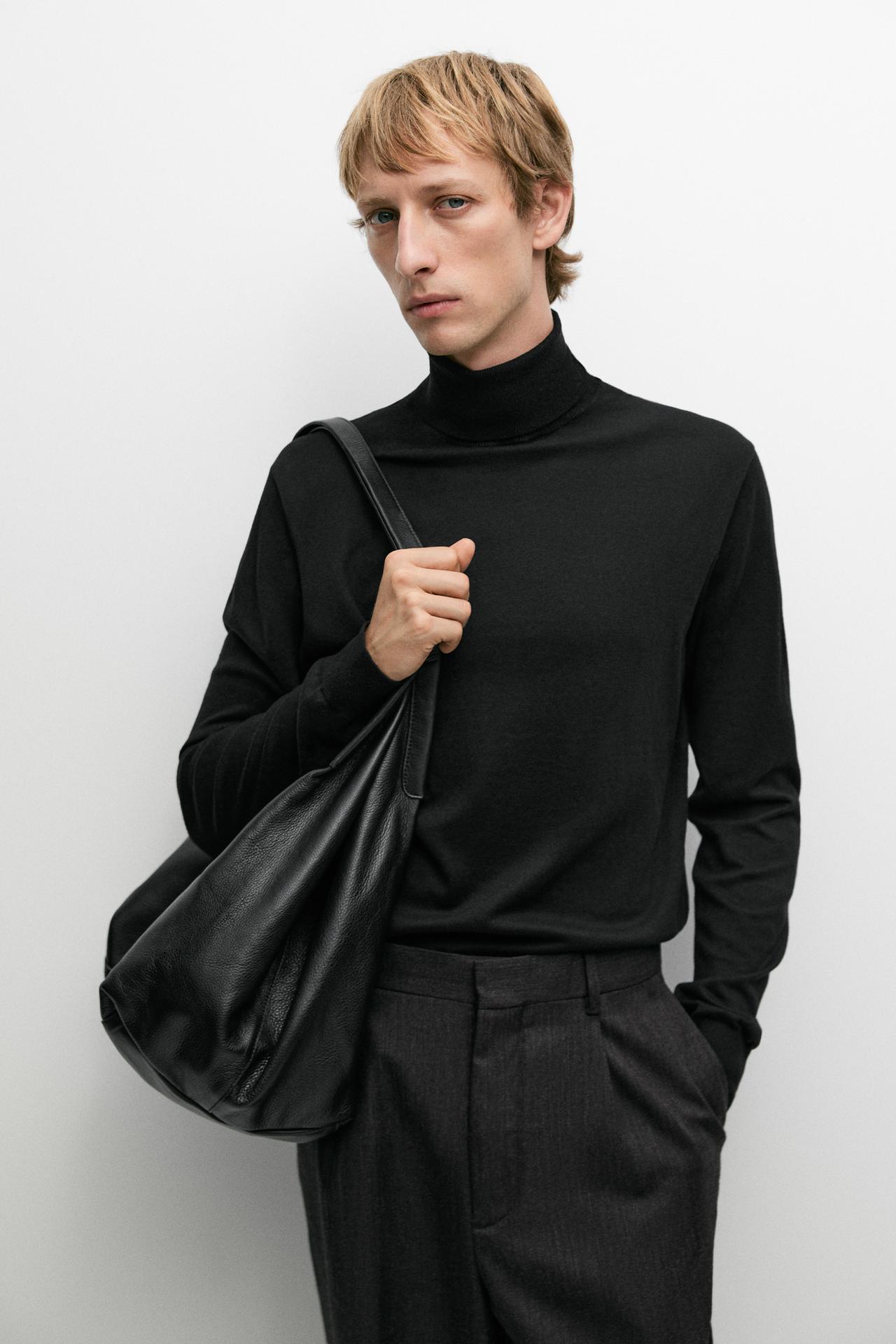 Cotton blend high neck knit sweater — Black
