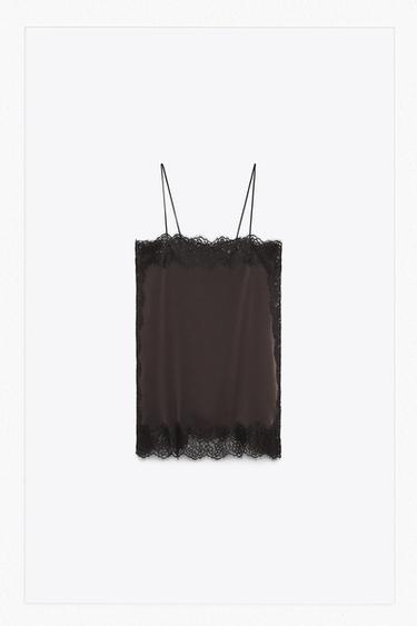 TOP SATINADO ENCAJE ZW COLLECTION - Marrón oscuro de Zara