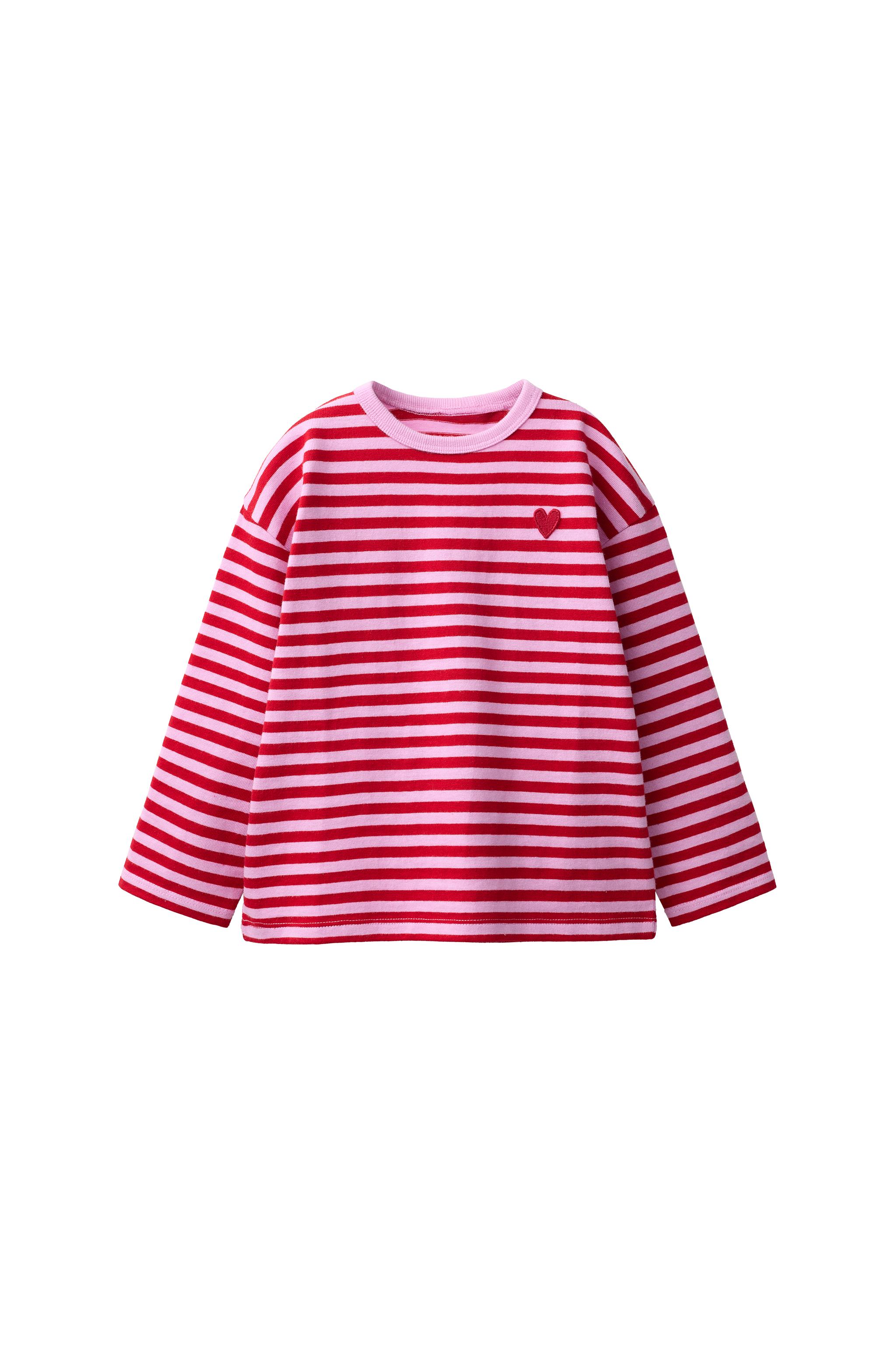 EMBROIDERED HEART STRIPED T-SHIRT — Pink