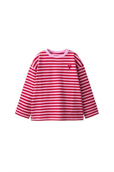 Zara EMBROIDERED HEART STRIPED T-SHIRT - Pink