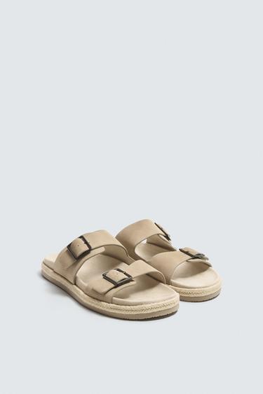 Zara DOUBLE STRAP LEATHER SANDALS - Sandy Brown